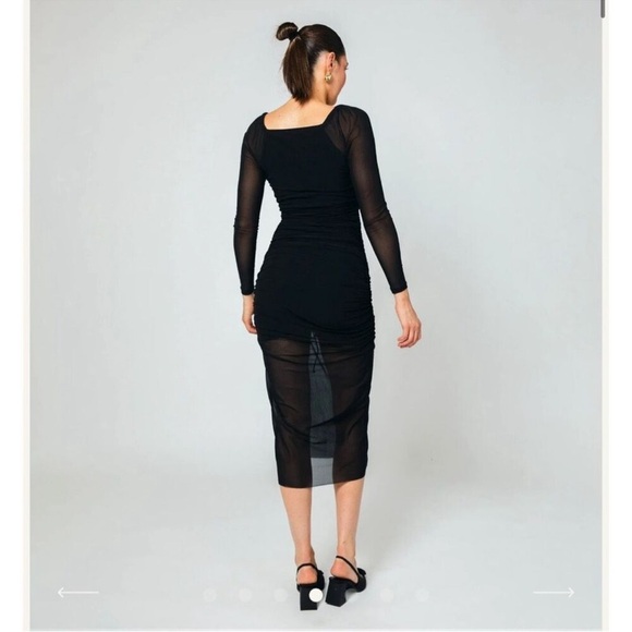 Cleobella Chantal Mesh Ruched Gathered Lined Long Sleeve Bodycon Dress Black NWT - Picture 2 of 16